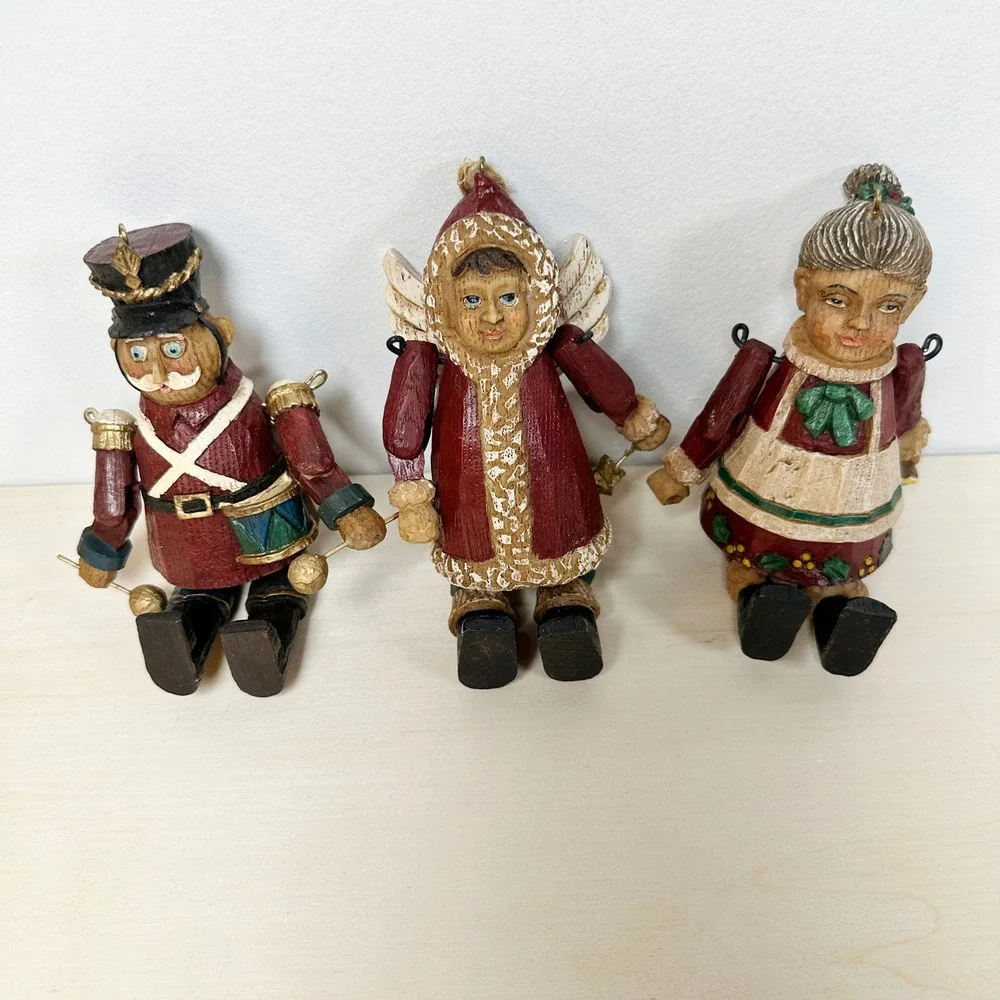 Christmas Jointed Resin Folk‎ Art Ornaments X3 Set Angel Drummer Mrs Claus VTG